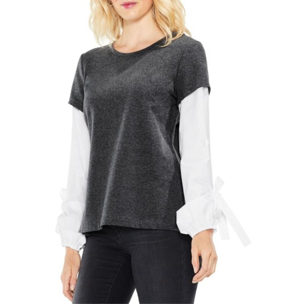 NWT Womens Size Small Nordstrom Vince Camuto Gray White Poplin Mix Media Top